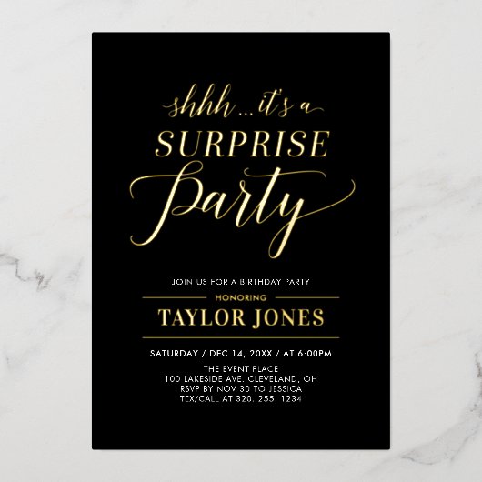 ブラック&金ゴールドサプライズマイルストーンバースデーパーティー 箔招待状 (正面)
