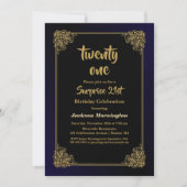 ブラック&金ゴールドサプライズ21歳の誕生日パーティー 招待状 (正面)