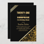 ブラック&金ゴールドサプライズ21thバースデーディナー 招待状 (正面/裏面)