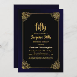 ブラック&金ゴールドサプライズ50th誕生日ディナー 招待状