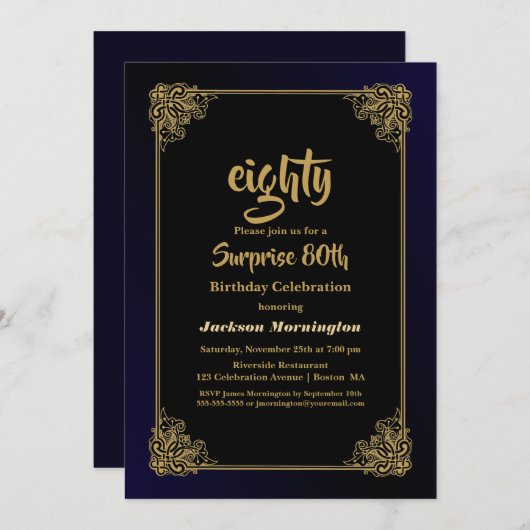 ブラック&金ゴールドサプライズ80thバースデーパーティー 招待状 (正面/裏面)