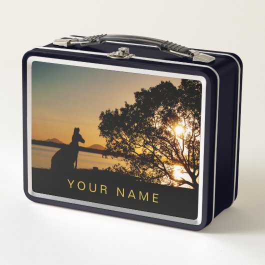 ブラック&金ゴールドサンセットカンガルーツリーシルエット メタルランチボックス (正面)