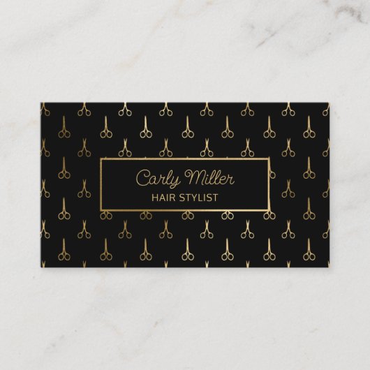 ブラック&金ゴールドシザーパターン美容師サロン 名刺 (正面)