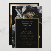 ブラック&金ゴールドシックフローラ写真QRコード結婚ズ 招待状 (正面/裏面)
