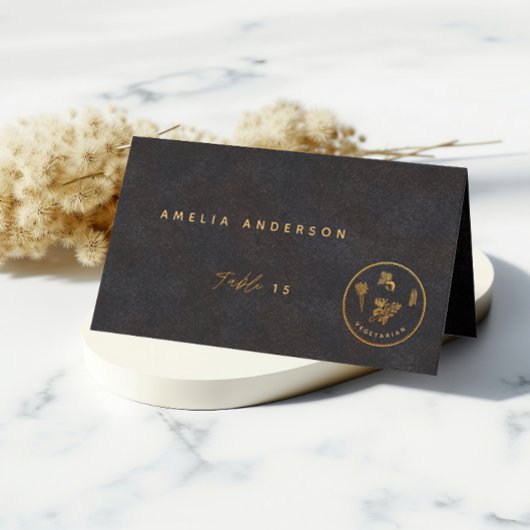 ブラック&金ゴールドシックベジタリアン結婚ズフードチョイス プレイスカード