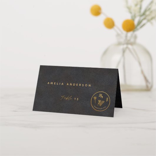 ブラック&金ゴールドシックベジタリアン結婚ズフードチョイス プレイスカード (正面)