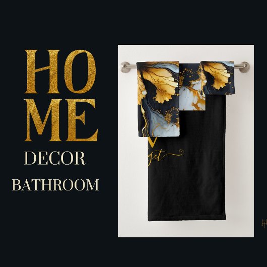 ブラック&金ゴールドシック大理石フローラスワールバスタオル バスタオルセット