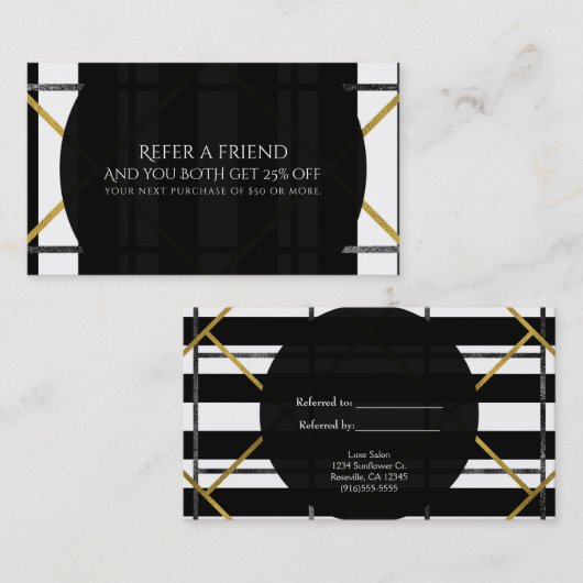 ブラック&金ゴールドシックGlam幾何学友人を参照 紹介カード (正面/裏面)