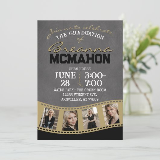 ブラック&金ゴールドシャルボードフィルムストリップ卒業 招待状 (スタンド正面)