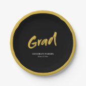 ブラック&金ゴールドシンプルブモダンラシスクリプトの卒業 ペーパープレート (正面)