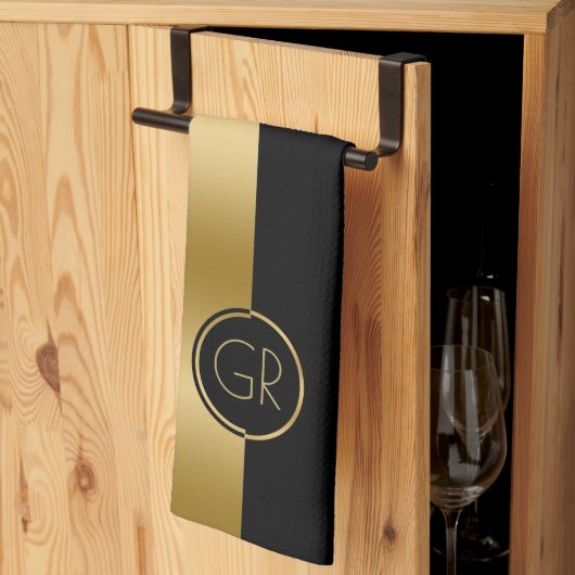 ブラック&金ゴールドシンプル幾何学的デザイン2 キッチンタオル (三つ折り)