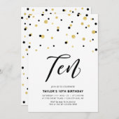ブラック&金ゴールドシンプル10thバースデ10代のィーパーティーの招待 招待状 (正面/裏面)