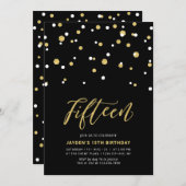ブラック&金ゴールドシンプル15thバースデー10代のパーティー 招待状 (正面/裏面)