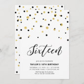 ブラック&金ゴールドシンプル16thバースデー10代のパーティー 招待状 (正面/裏面)