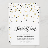ブラック&金ゴールドシンプル17thバースデー10代のパーティー 招待状 (正面/裏面)