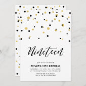 ブラック&金ゴールドシンプル19thバースデー10代のパーティー 招待状 (正面/裏面)