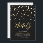 ブラック&金ゴールドシンプル90thバースデーパーティーInv 招待状<br><div class="desc">こ祝の90歳の誕生日パミニマルーティーの招待で特別な日。このデザインはスタイリッシュ、黒と金ゴールドの色のコンボを持つ六角形の紙吹雪を持つレタリングスクリプト「90」を備えている。その他のデザインは私のショップBaraBomDesignで利用可能。</div>