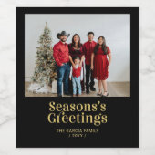 ブラック&金ゴールドシーズンのグリーティングクリスマスフォト ワインラベル (シングルラベル)