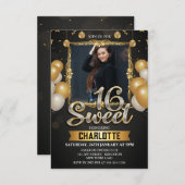 ブラック&金ゴールドスウィート16フォトグリッターバルーン 招待状 (正面/裏面)