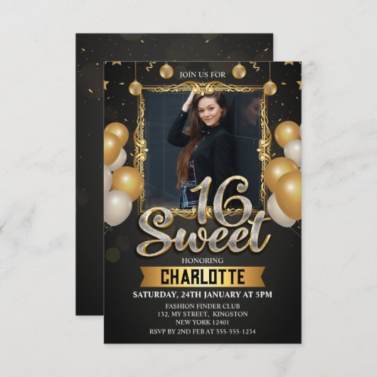 ブラック&金ゴールドスウィート16フォトグリッターバルーン 招待状 (正面/裏面)