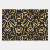 ブラック&金ゴールドスカル、こうもり華美&ダマスクハロウィーン ラッピングペーパーシート (正面2)