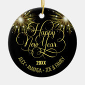ブラック&金ゴールドスクリプト新年おめでとう セラミックオーナメント (正面)
