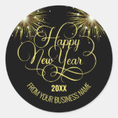 ブラック&金ゴールドスクリプト新年おめでとう ラウンドシール (正面)