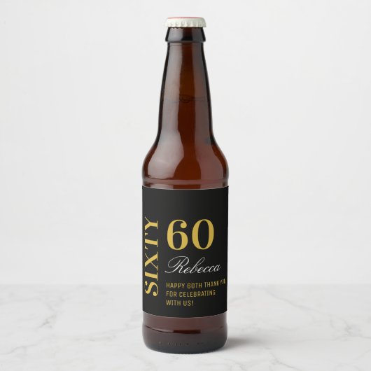 ブラック&金ゴールドスクリプト60th誕生日カクテルパーティー ビールラベル (正面)