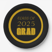 ブラック&金ゴールドスクールカラー卒業 ペーパープレート (正面)