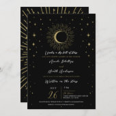 ブラック&金ゴールドスターズシナ日が差すことムーン結婚ズ 招待状 (正面/裏面)