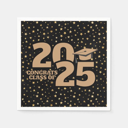 ブラック&金ゴールドスター2025卒業 スタンダードカクテルナプキン (正面)