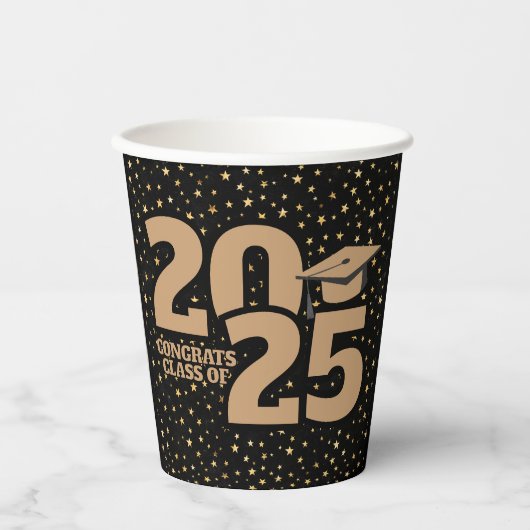 ブラック&金ゴールドスター2025卒業 紙コップ (正面)