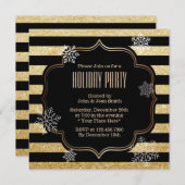 ブラック&金ゴールドスノストライプーフレークスホリデーパーティ 招待状 (正面/裏面)