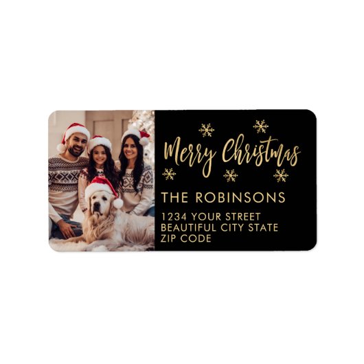 ブラック&金ゴールドスノーフレーククリスマス差出人住所 ラベル (正面)