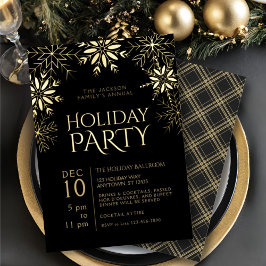 ブラック&金ゴールドスノーフレークグリッタープレイドホリデーグラム 箔招待状