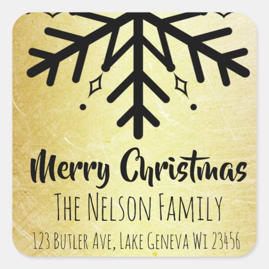 ブラック&金ゴールドスノーフレークパーソナライズされたクリスマス スクエアシール (正面)
