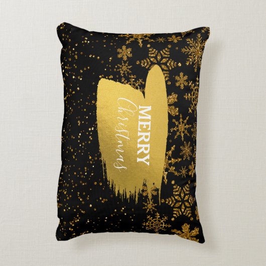ブラック&金ゴールドスノーフレーク星メリークリスマス アクセントクッション (裏面(縦))