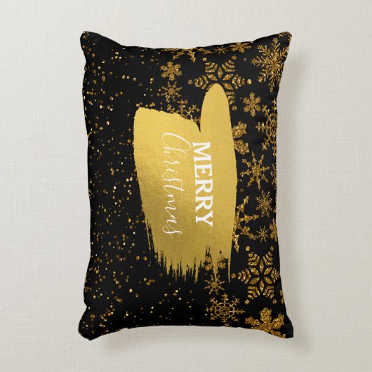 ブラック&金ゴールドスノーフレーク星メリークリスマス アクセントクッション (正面(垂直))