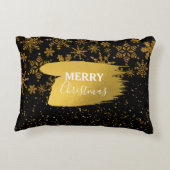 ブラック&金ゴールドスノーフレーク星メリークリスマス アクセントクッション (裏面)