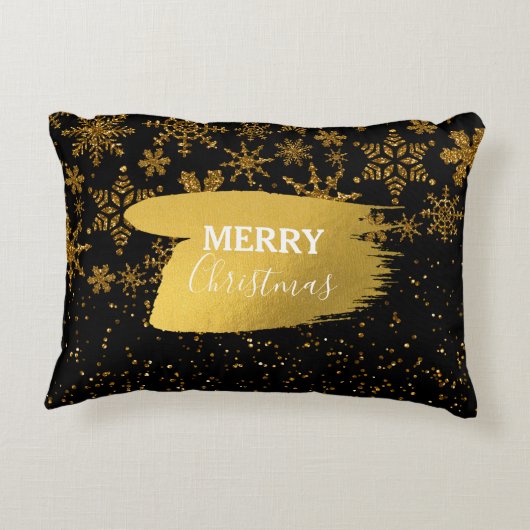 ブラック&金ゴールドスノーフレーク星メリークリスマス アクセントクッション (裏面)