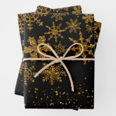 ブラック&金ゴールドスノーフレーク星メリークリスマス ラッピングペーパーシート (インサイチュ)