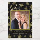 ブラック&金ゴールドスノーフレークJoyフォトホリデーミニ ワインラベル (シングルラベル)