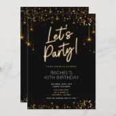 ブラック&金ゴールドスパークル誕生日ディナー招待状 招待状 (正面/裏面)