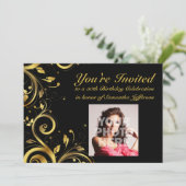 ブラック+金ゴールドスワールカスタム、写真50th誕生日パーティー 招待状 (スタンド正面)