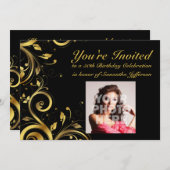 ブラック+金ゴールドスワールカスタム、写真50th誕生日パーティー 招待状 (正面/裏面)