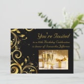 ブラック&金ゴールドスワール5x7カスタム誕生日パーティー50th 招待状 (スタンド正面)