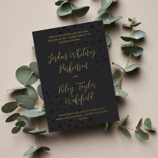 ブラック&金ゴールドタイポグラフィスターズインフォーマル結婚ズ 箔招待状