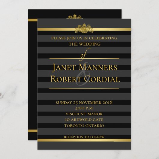 ブラック&金ゴールドタキシードストライプエレガンフォーマルトウェディング 招待状 (正面/裏面)