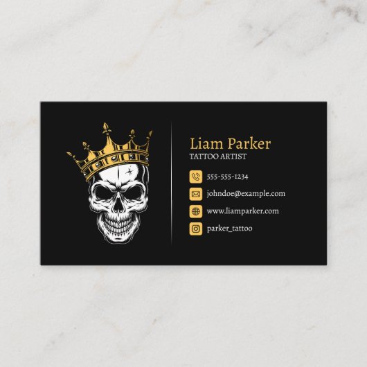 ブラック&金ゴールドタトゥーアーティストクラウンスカルタトショップ 名刺 (正面)