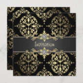 ブラック&金ゴールドダマスクすべての行事パーティー 招待状 (正面/裏面)